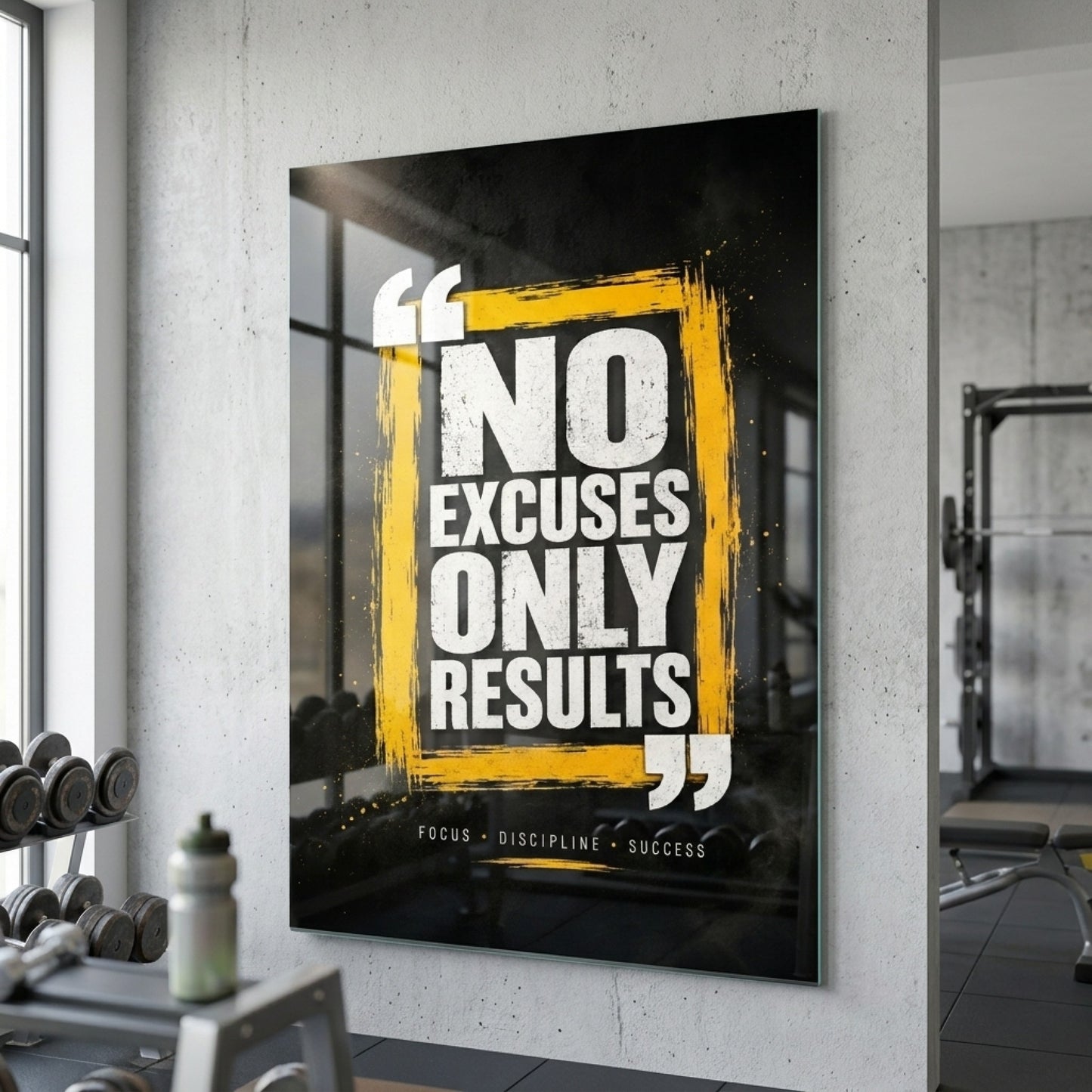 No Excuses Only Results Motivasyon Sözlü Dikey Cam Tablo