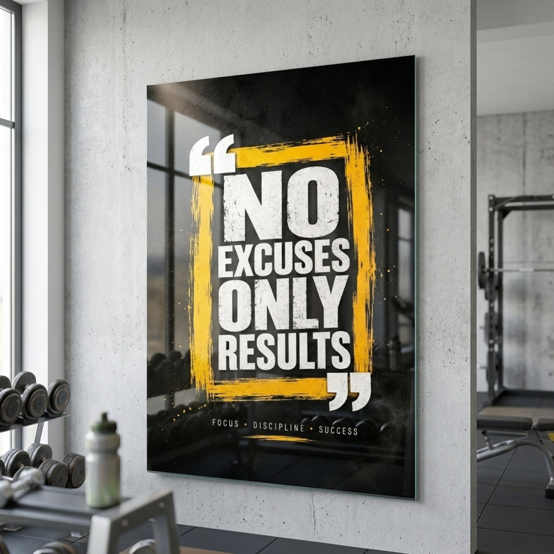 No Excuses Only Results Motivasyon Sözlü Dikey Cam Tablo