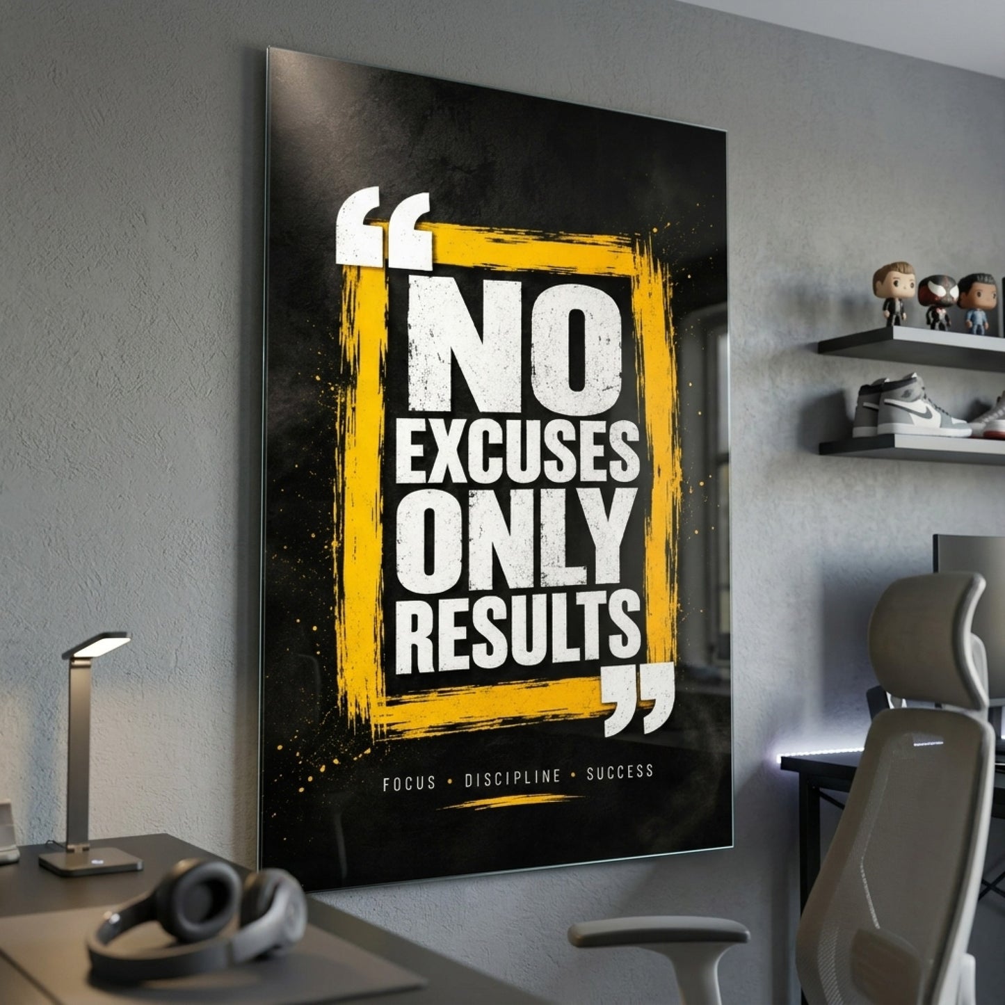 No Excuses Only Results Motivasyon Sözlü Dikey Cam Tablo