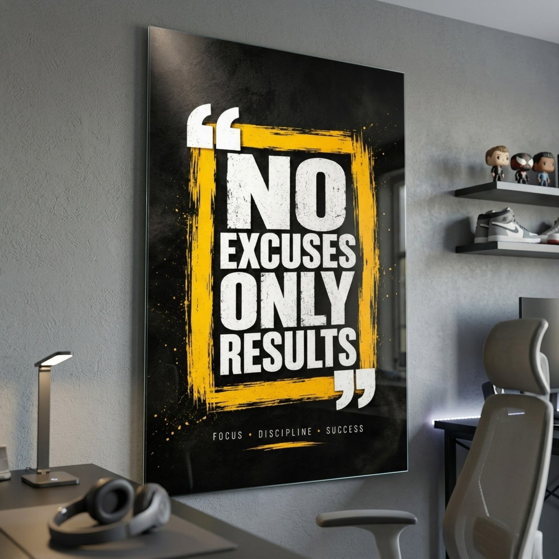 No Excuses Only Results Motivasyon Sözlü Dikey Cam Tablo