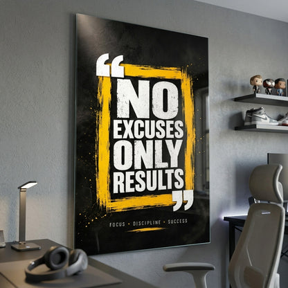 No Excuses Only Results Motivasyon Sözlü Dikey Cam Tablo