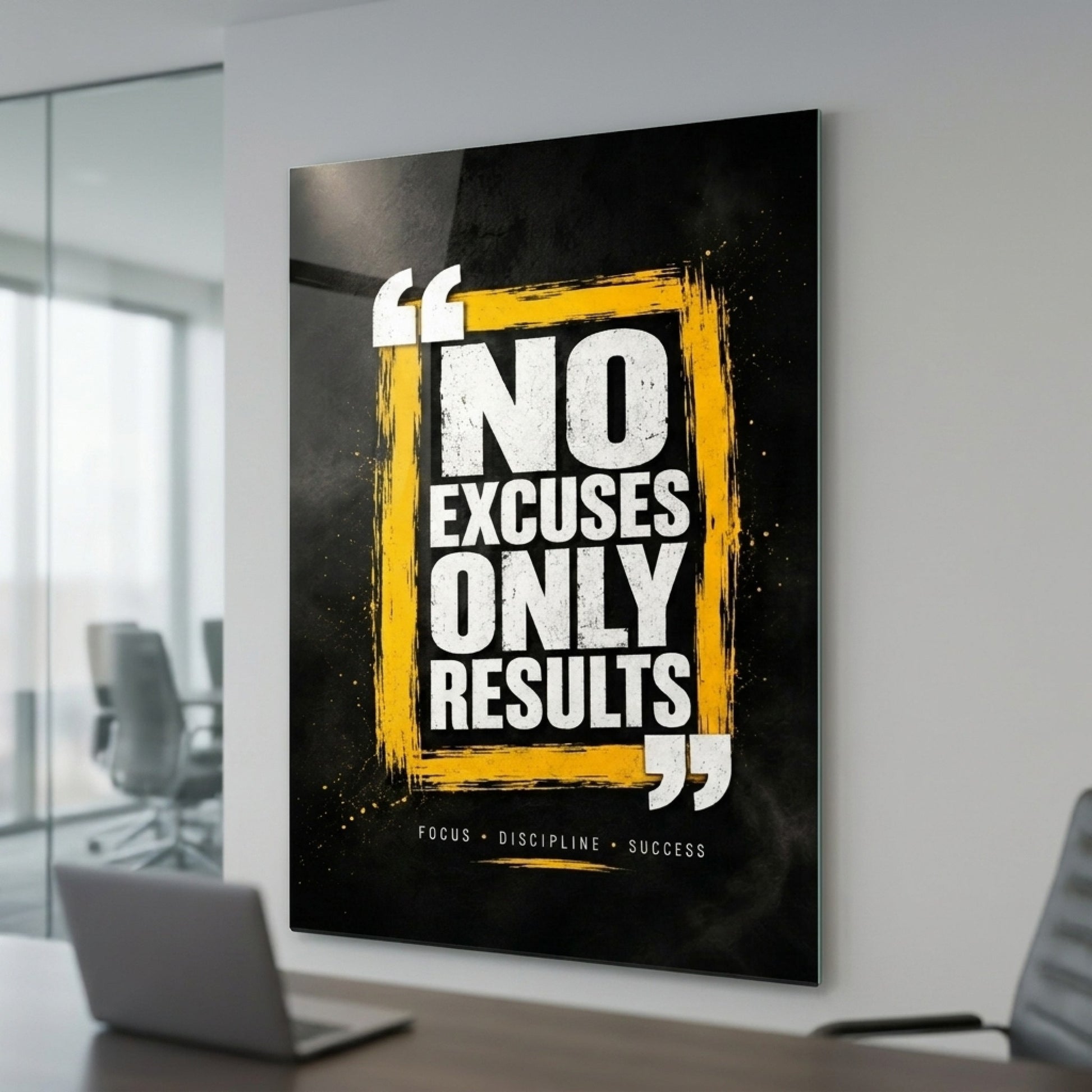 No Excuses Only Results Motivasyon Sözlü Dikey Cam Tablo