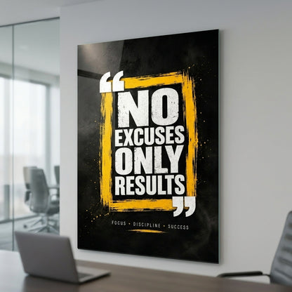 No Excuses Only Results Motivasyon Sözlü Dikey Cam Tablo