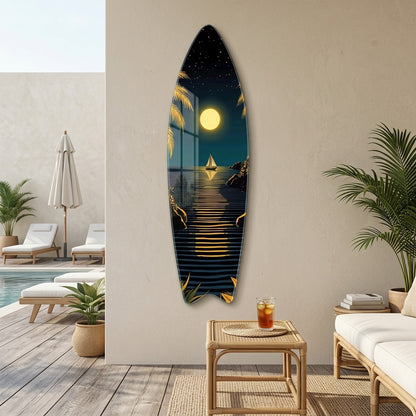 Tropik Adada Dolunay ve Yelkenli Manzarası Surf Board Cam Tablo