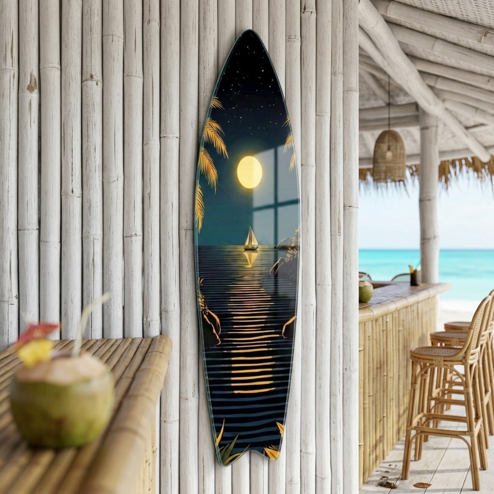 Tropik Adada Dolunay ve Yelkenli Manzarası Surf Board Cam Tablo