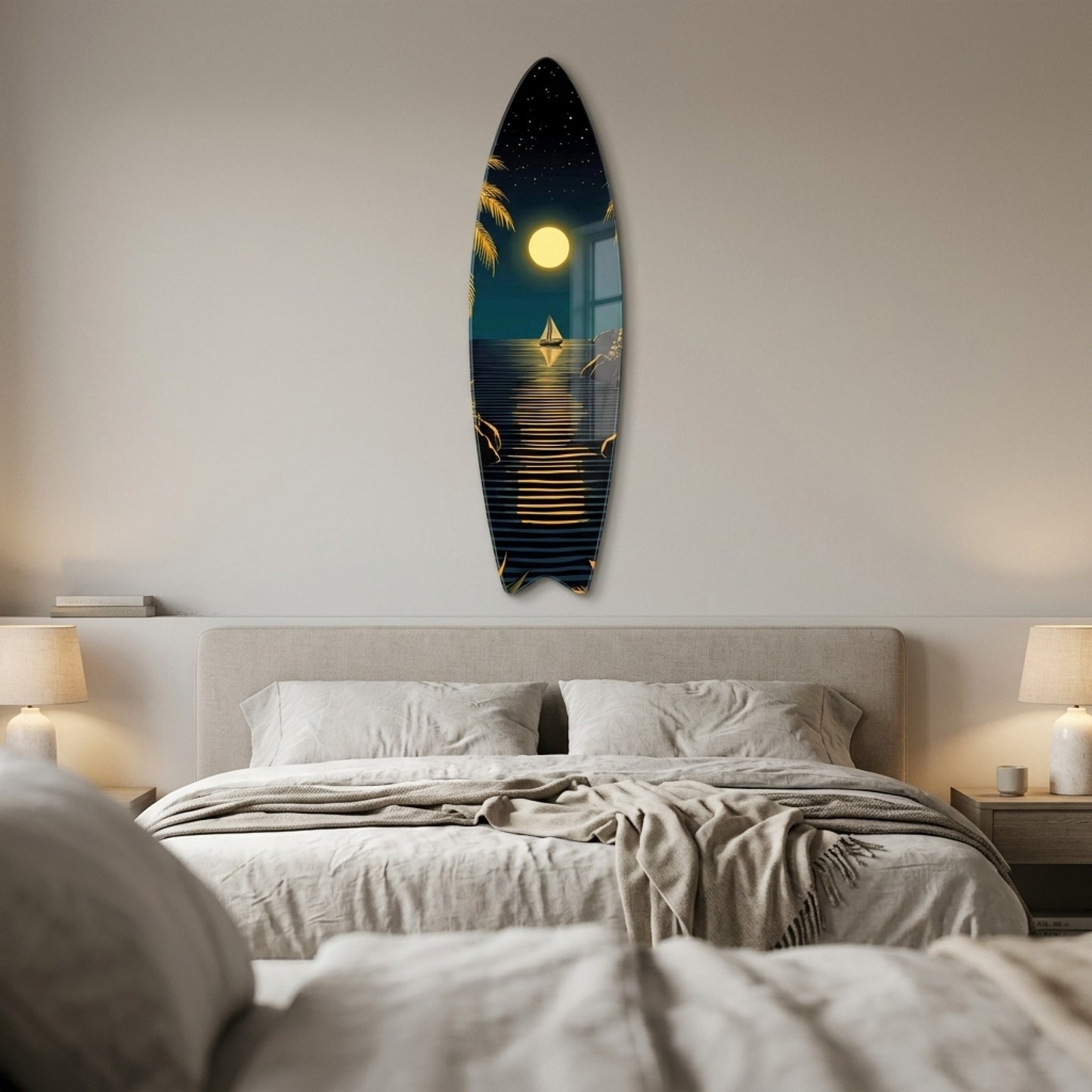 Tropik Adada Dolunay ve Yelkenli Manzarası Surf Board Cam Tablo