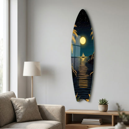 Tropik Adada Dolunay ve Yelkenli Manzarası Surf Board Cam Tablo