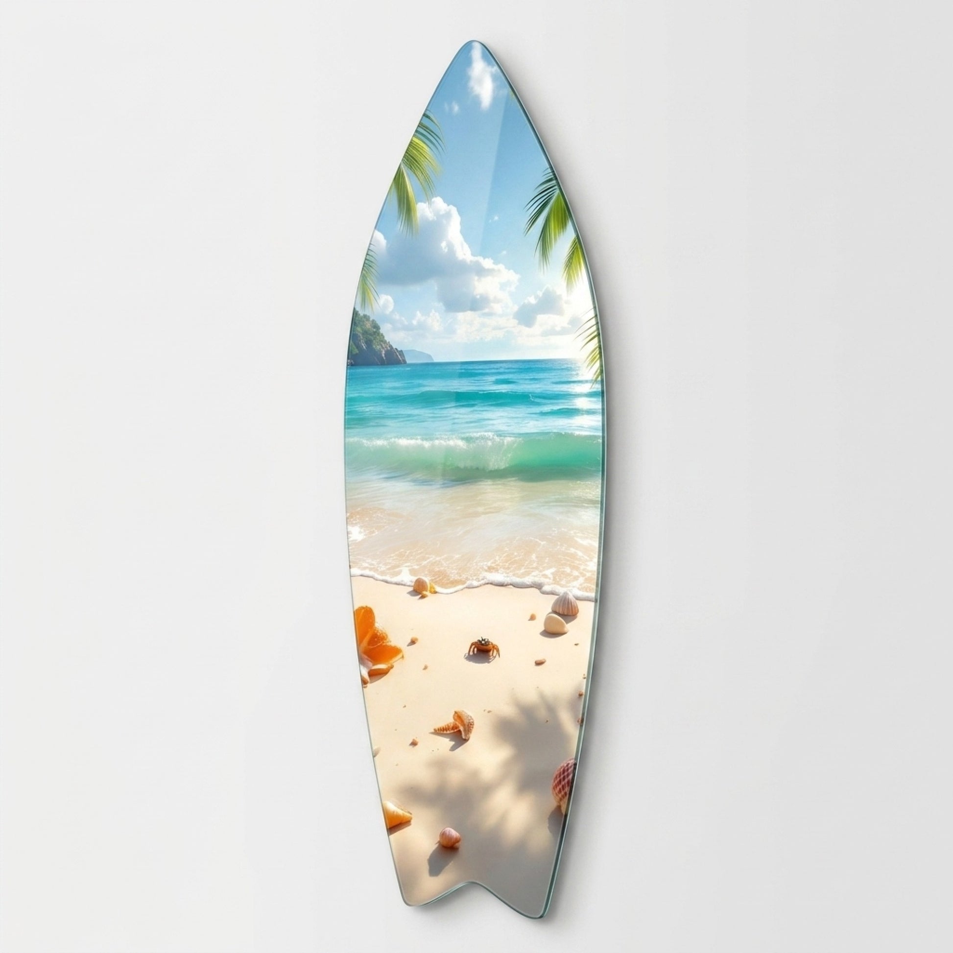 Tropikal Deniz Sahil Manzarası Deniz Kabukları Surf Board Cam Tablo