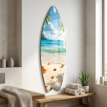 Tropikal Deniz Sahil Manzarası Deniz Kabukları Surf Board Cam Tablo
