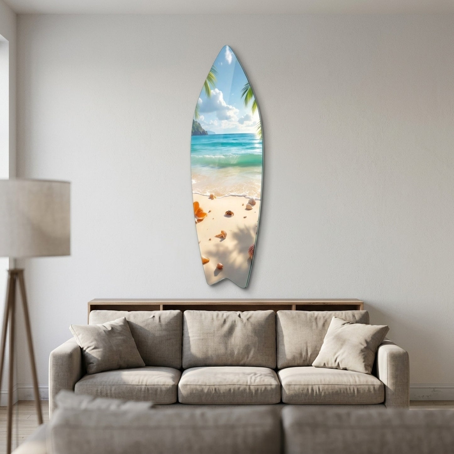 Tropikal Deniz Sahil Manzarası Deniz Kabukları Surf Board Cam Tablo