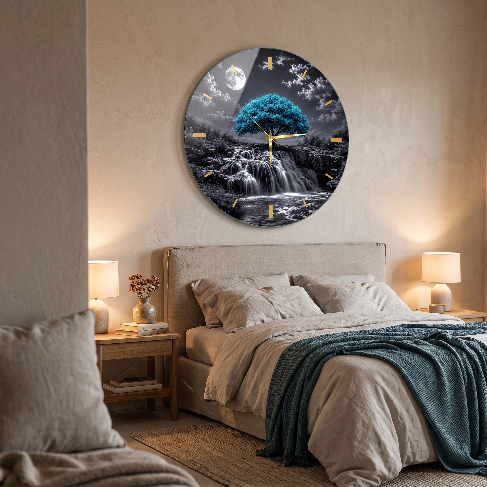 Gece Mavisi Turkuaz Ağaçlı Şelale Manzaralı Cam Saat