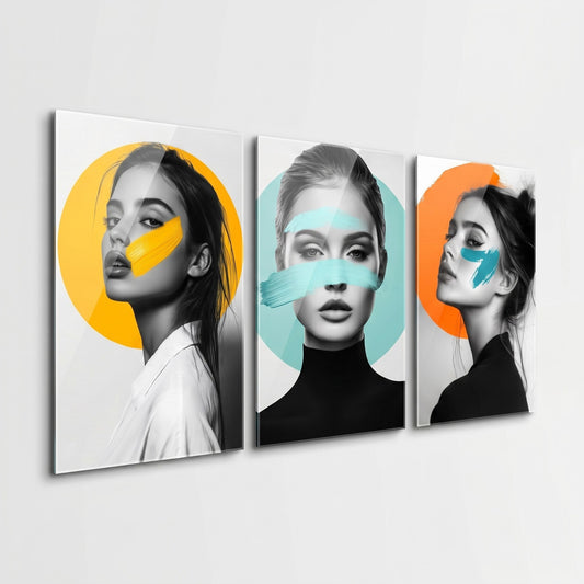 Pop Art Portre Renk Lekesi 3 Parça Dikey 3'lü Set Cam Tablo