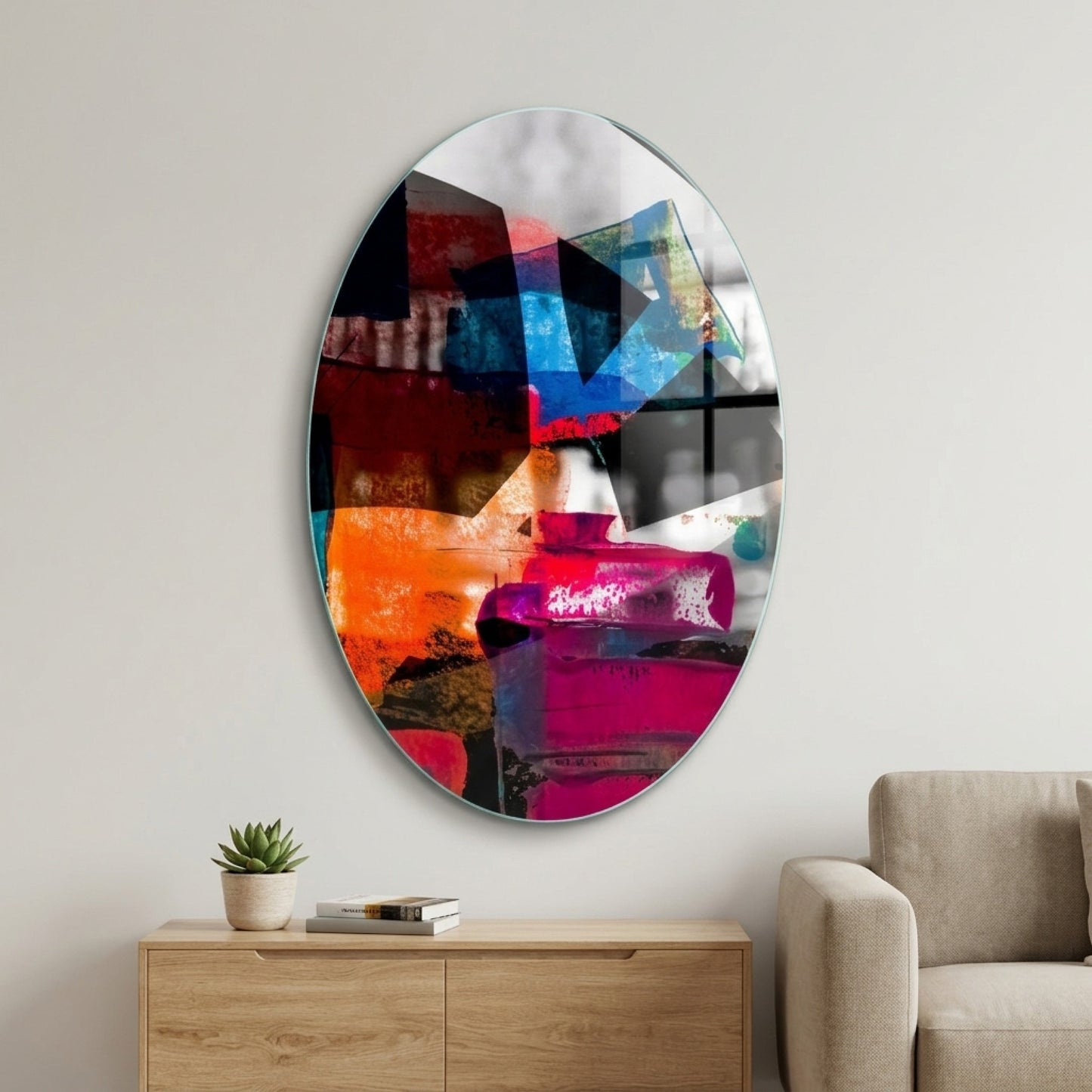 Dinamik Renk Katmanları Soyut Sanat Oval Dikey Cam Tablo