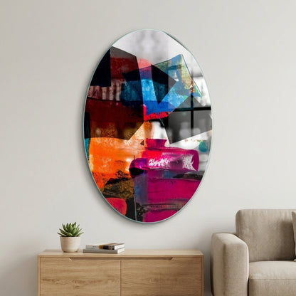 Dinamik Renk Katmanları Soyut Sanat Oval Dikey Cam Tablo