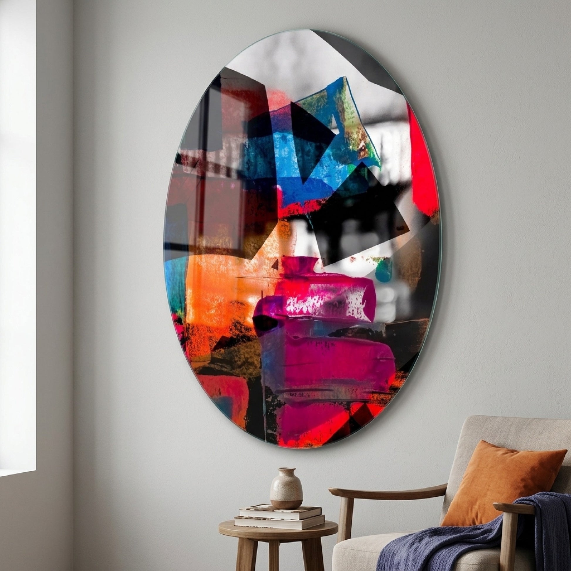 Dinamik Renk Katmanları Soyut Sanat Oval Dikey Cam Tablo