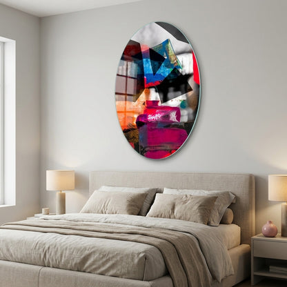 Dinamik Renk Katmanları Soyut Sanat Oval Dikey Cam Tablo
