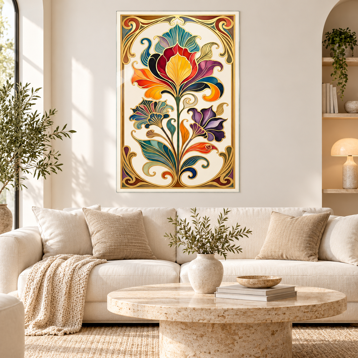 Gold Bordürlü Renkli Art Nouveau Çiçekler Dikey Cam Tablo — Premium salon