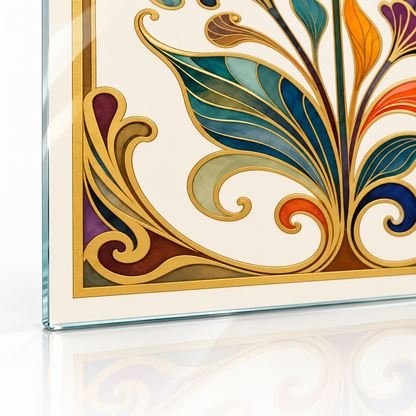 Gold Bordürlü Renkli Art Nouveau Çiçekler Dikey Cam Tablo — İnce rodajlı cam kenarı