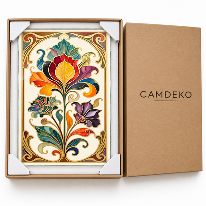 Gold Bordürlü Renkli Art Nouveau Çiçekler Dikey Cam Tablo — Koruyucu köşeli kraft paketleme