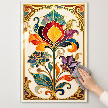 Gold Bordürlü Renkli Art Nouveau Çiçekler Dikey Cam Tablo — Mikrofiber bezle temizlik