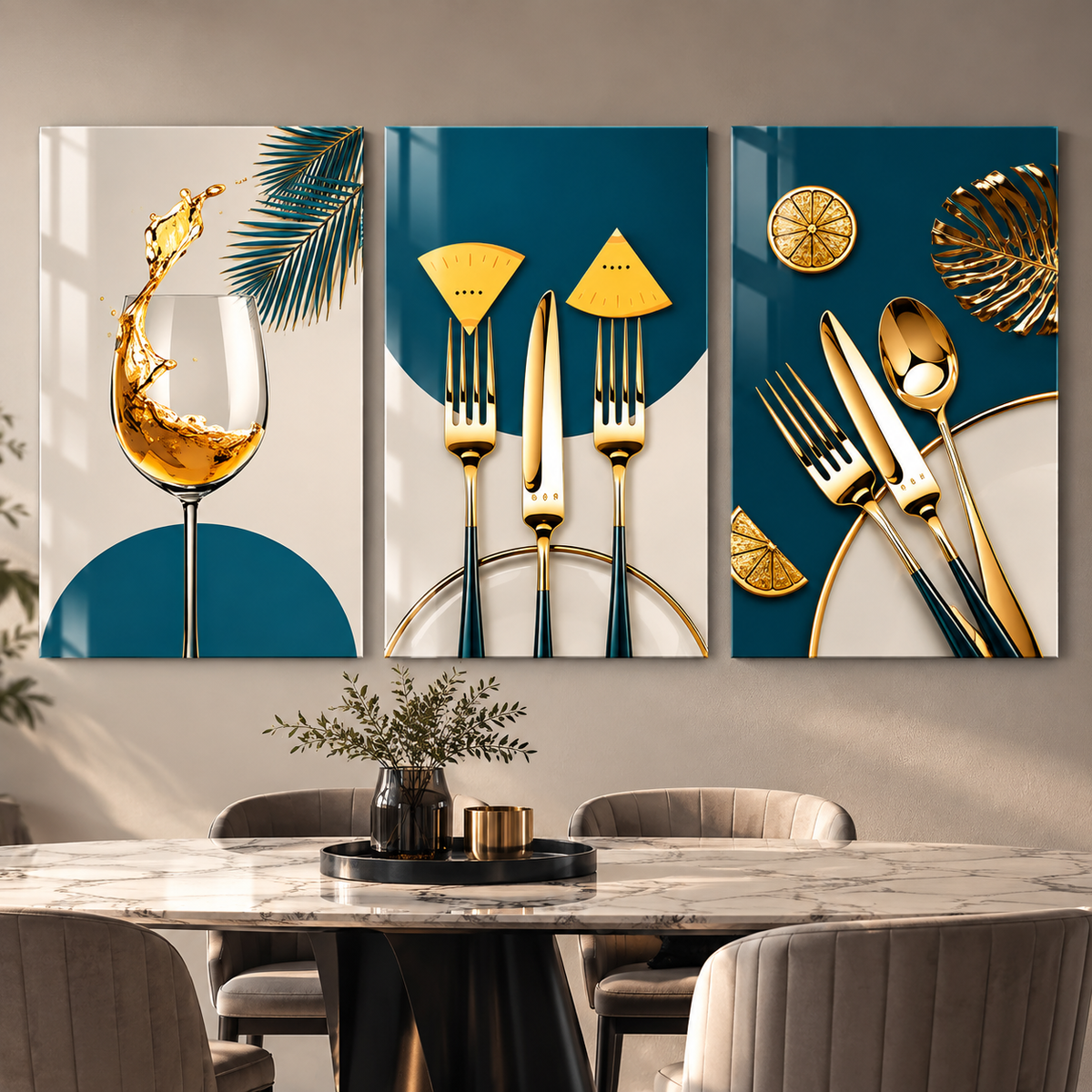 Gold çatal bıçak kadeh temalı üçlü cam tablo premium yemek odası