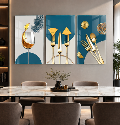 Gold çatal bıçak kadeh temalı üçlü cam tablo alternatif premium yemek alanı