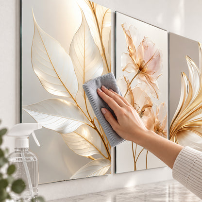 Gold yaprak ve pudra çiçekli üçlü cam tablo setinde mikrofiber bezle cam yüzeyi temizleme gösterimi