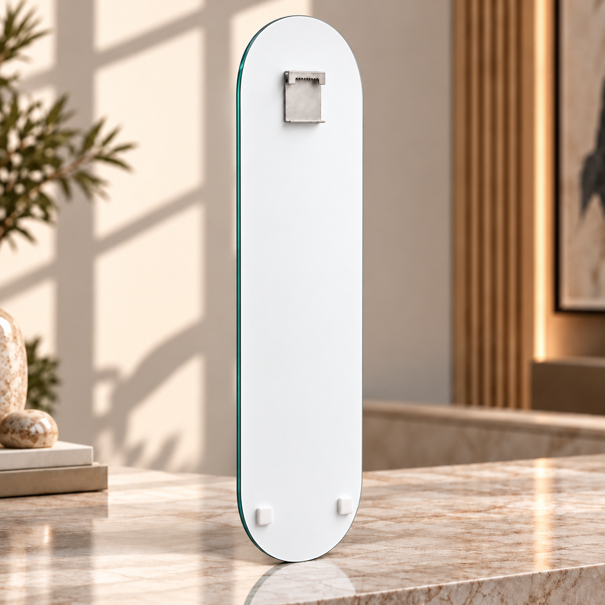 Skate Board cam tablo beyaz arka yüz - üst ortada tek hazır çelik askı ve altta iki beyaz tampon