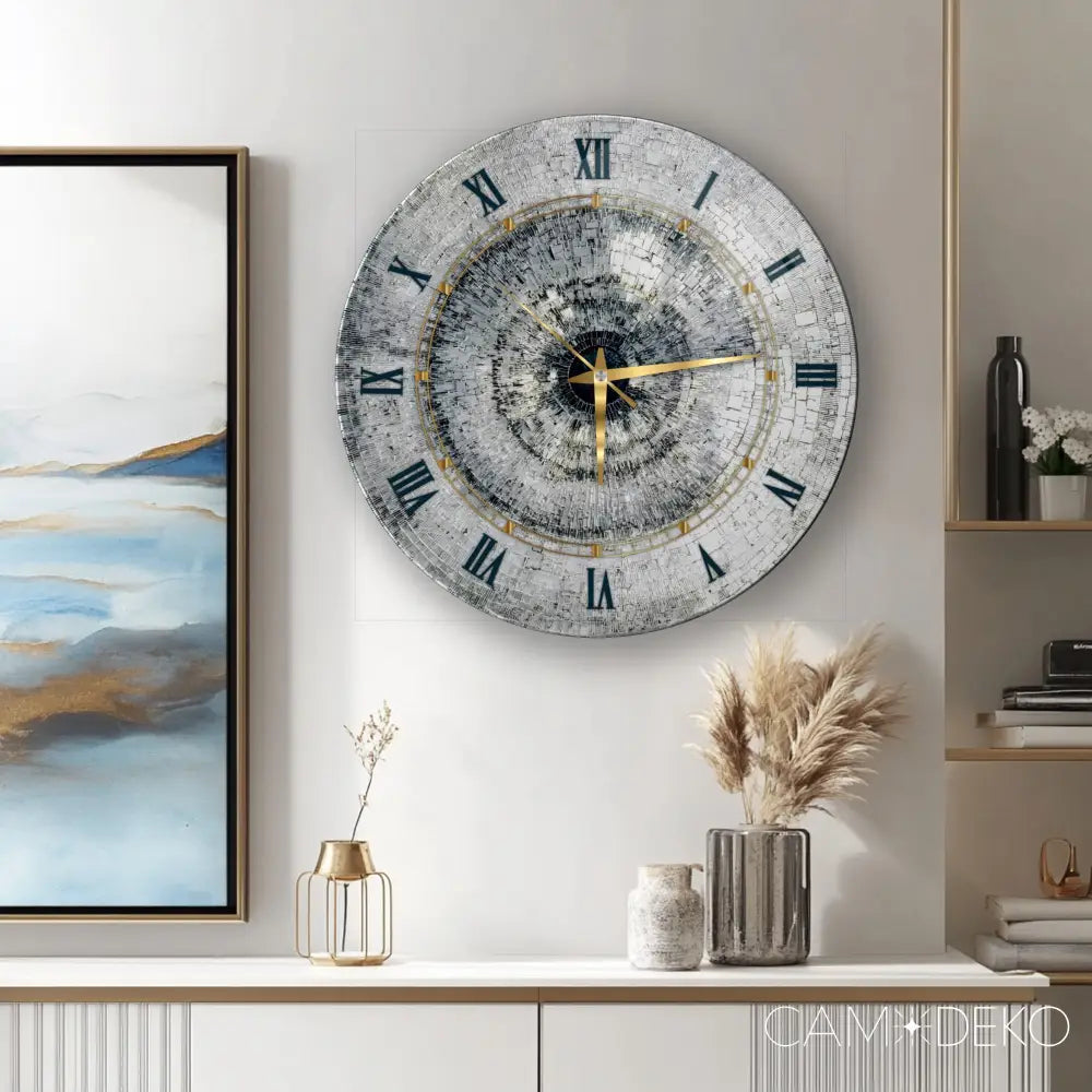 Gümüş Mozaik Desen Cam Saat Kırılmaz Cam Saat