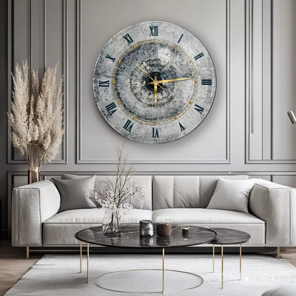 Gümüş Mozaik Desen Cam Saat Kırılmaz Cam Saat