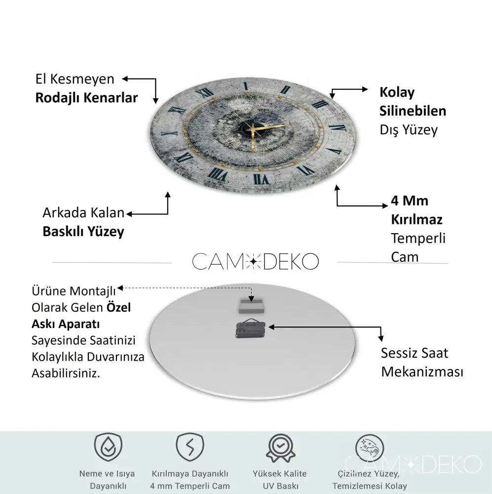 Gümüş Mozaik Desen Cam Saat Kırılmaz Cam Saat