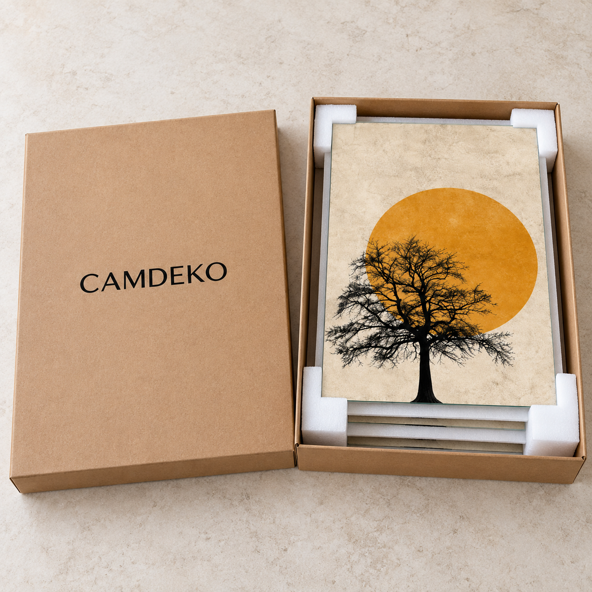 CAMDEKO Hardal Güneş, Ağaç ve Kuşlar Üçlü Cam Tablo — CAMDEKO ambalaj