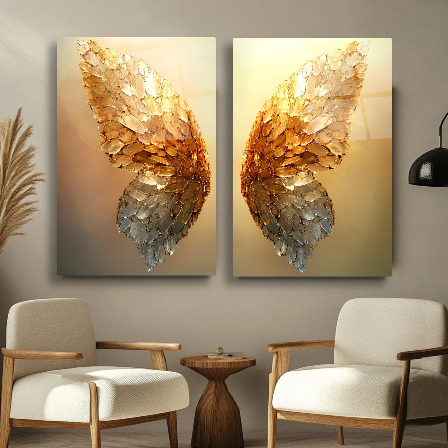 Gold Melek Kanatları İkili Set Cam Tablo