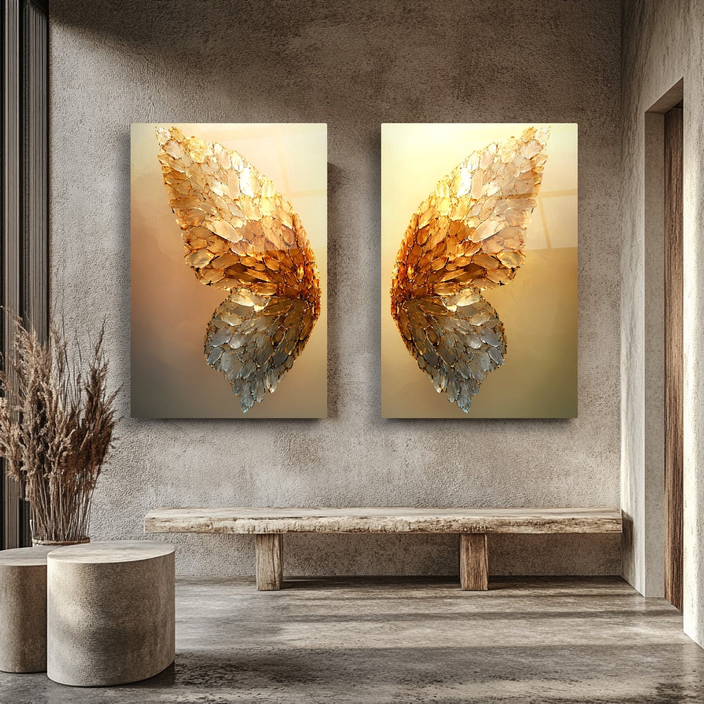 Gold Melek Kanatları İkili Set Cam Tablo