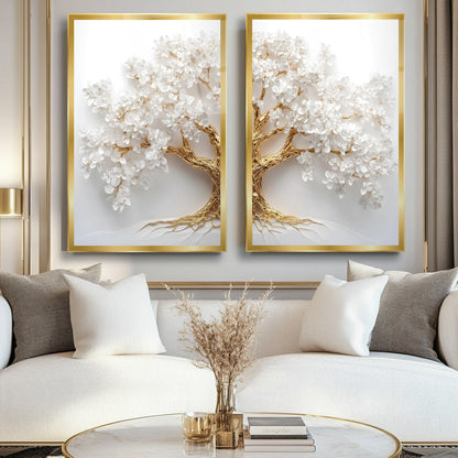 Gold Beyaz Hayat Ağacı İkili Set Cam Tablo