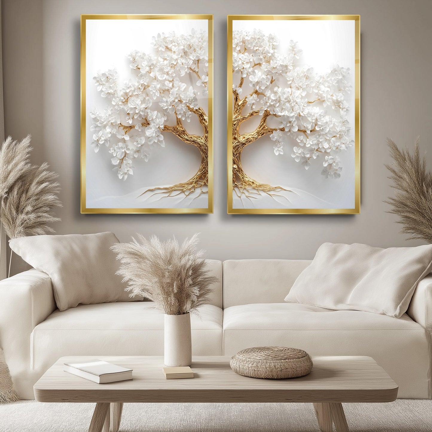 Gold Beyaz Hayat Ağacı İkili Set Cam Tablo