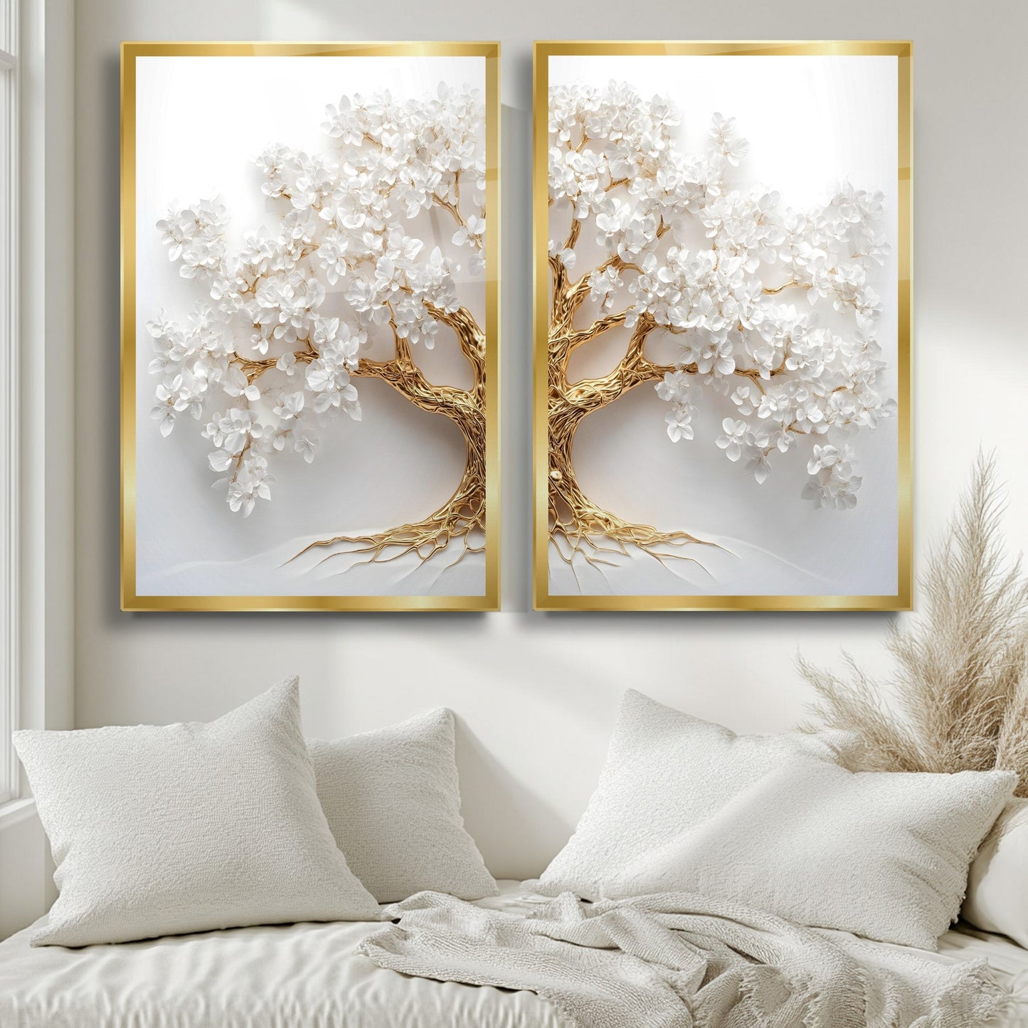 Gold Beyaz Hayat Ağacı İkili Set Cam Tablo