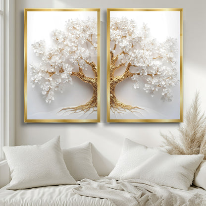 Gold Beyaz Hayat Ağacı İkili Set Cam Tablo