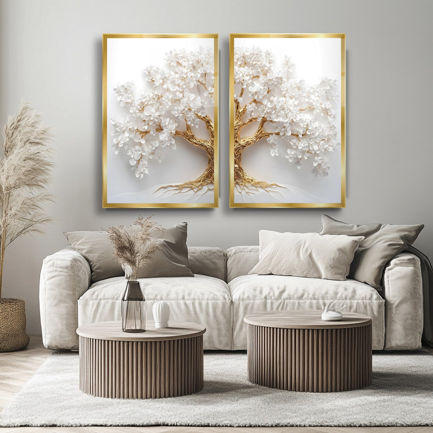 Gold Beyaz Hayat Ağacı İkili Set Cam Tablo