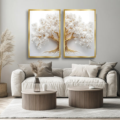 Gold Beyaz Hayat Ağacı İkili Set Cam Tablo