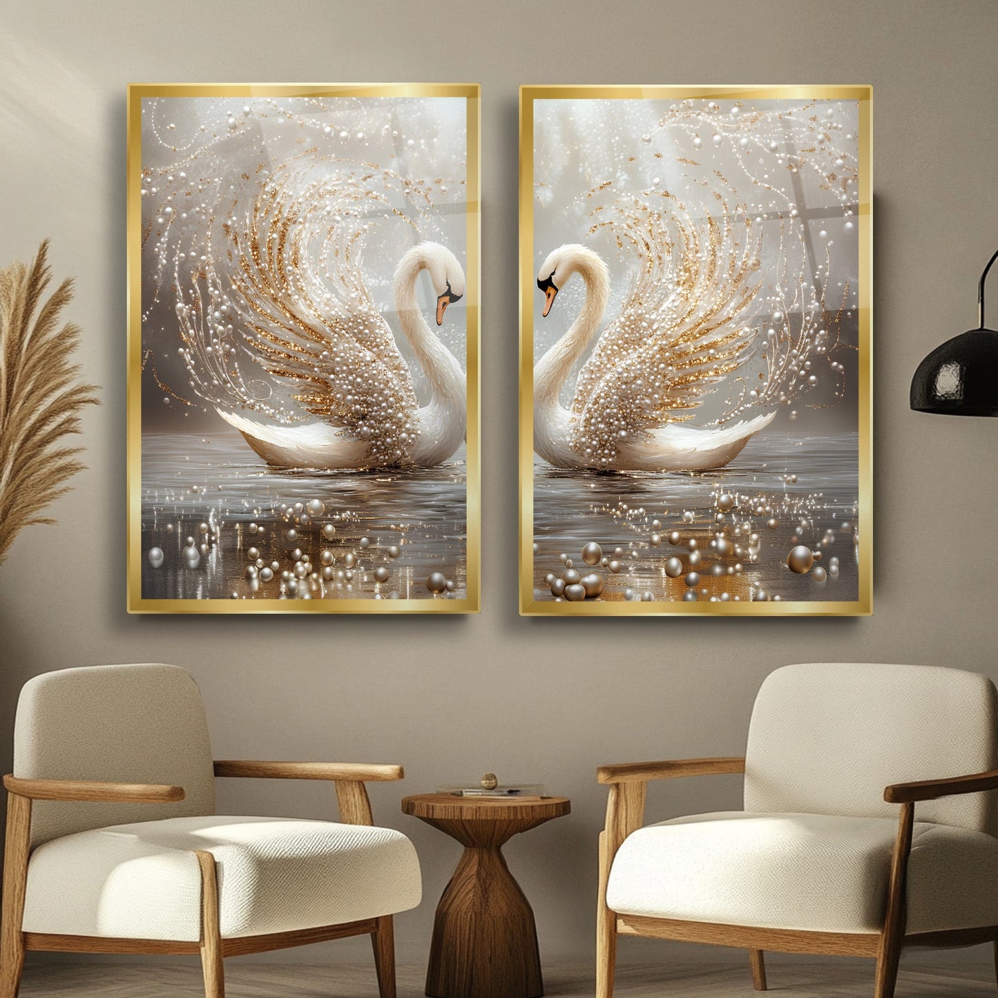 Gold İncili Çifte Kuğular İkili Set Cam Tablo