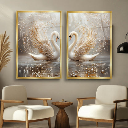 Gold İncili Çifte Kuğular İkili Set Cam Tablo