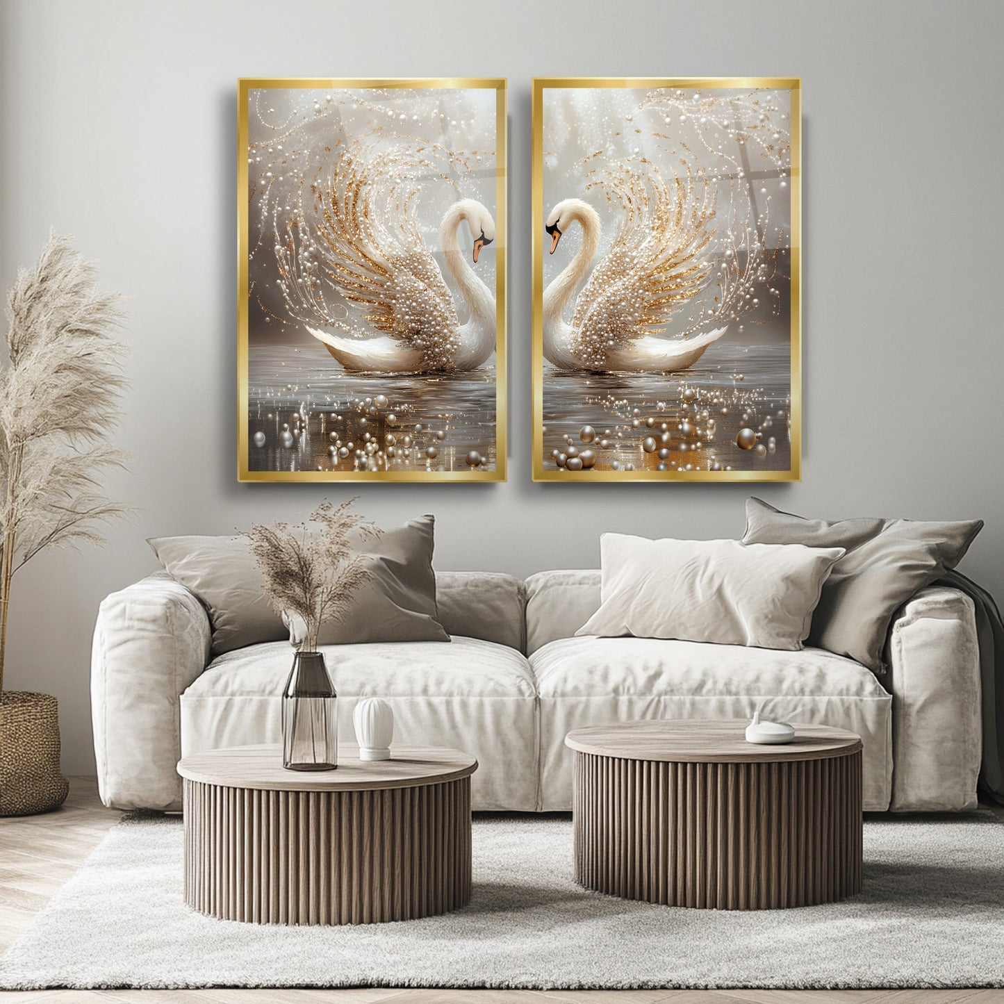 Gold İncili Çifte Kuğular İkili Set Cam Tablo