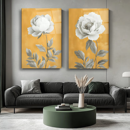Beyaz Çiçekler İkili Set Cam Tablo