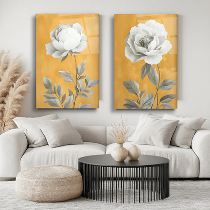 Beyaz Çiçekler İkili Set Cam Tablo