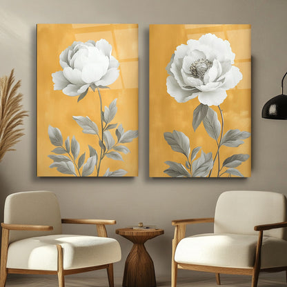 Beyaz Çiçekler İkili Set Cam Tablo