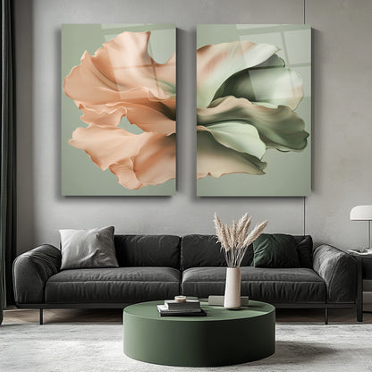 Pembe Yeşil Çiçek İkili Set Cam Tablo