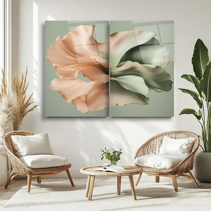 Pembe Yeşil Çiçek İkili Set Cam Tablo