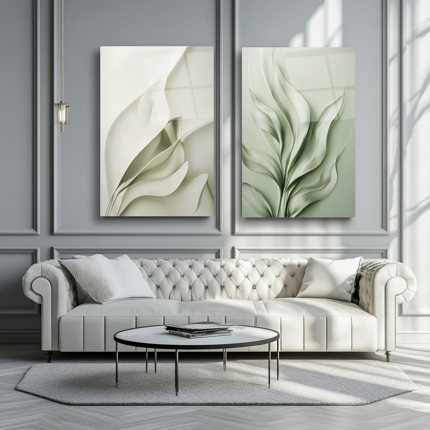 Soyut Yeşil Yapraklar İkili Set Cam Tablo