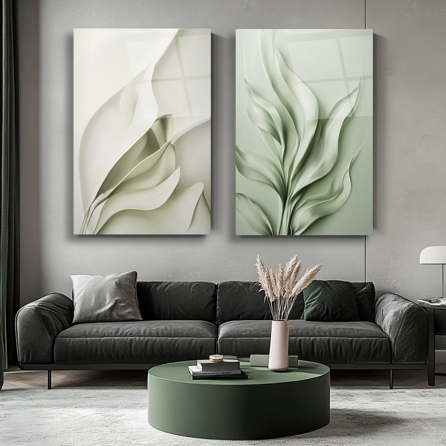 Soyut Yeşil Yapraklar İkili Set Cam Tablo